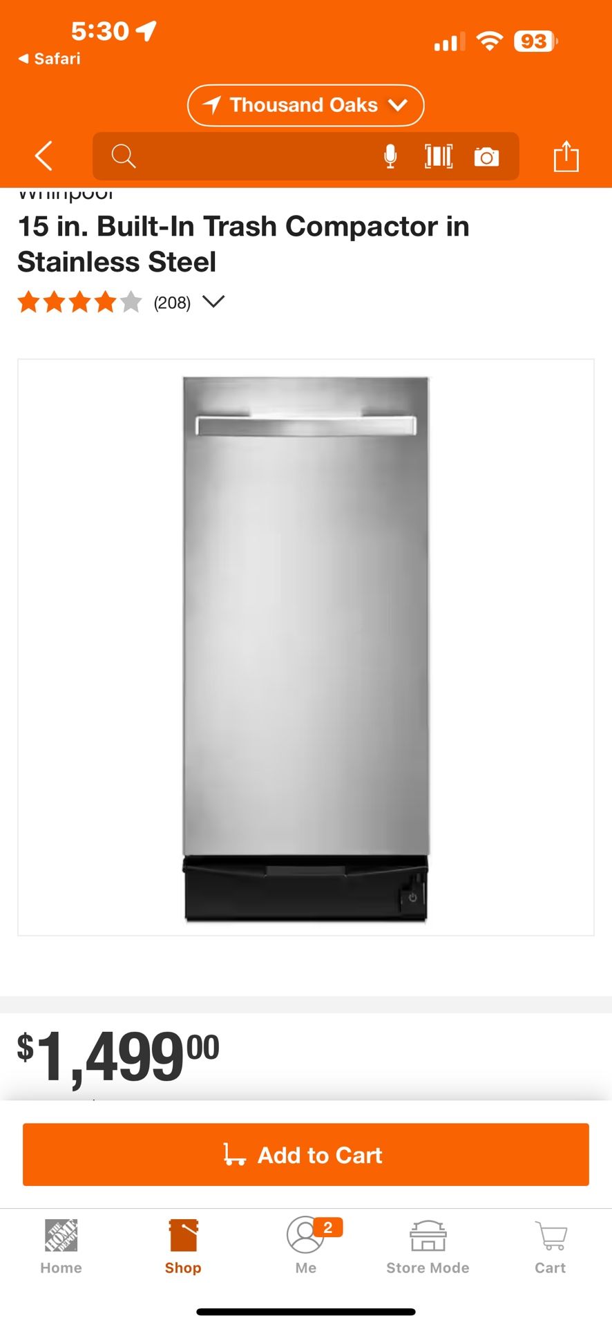 NEW WHIRLPOOL 15” STAINLESS STEEL TRASH COMPACTOR IN BOX WITH A FACTORY WARRANTY 8/2/25