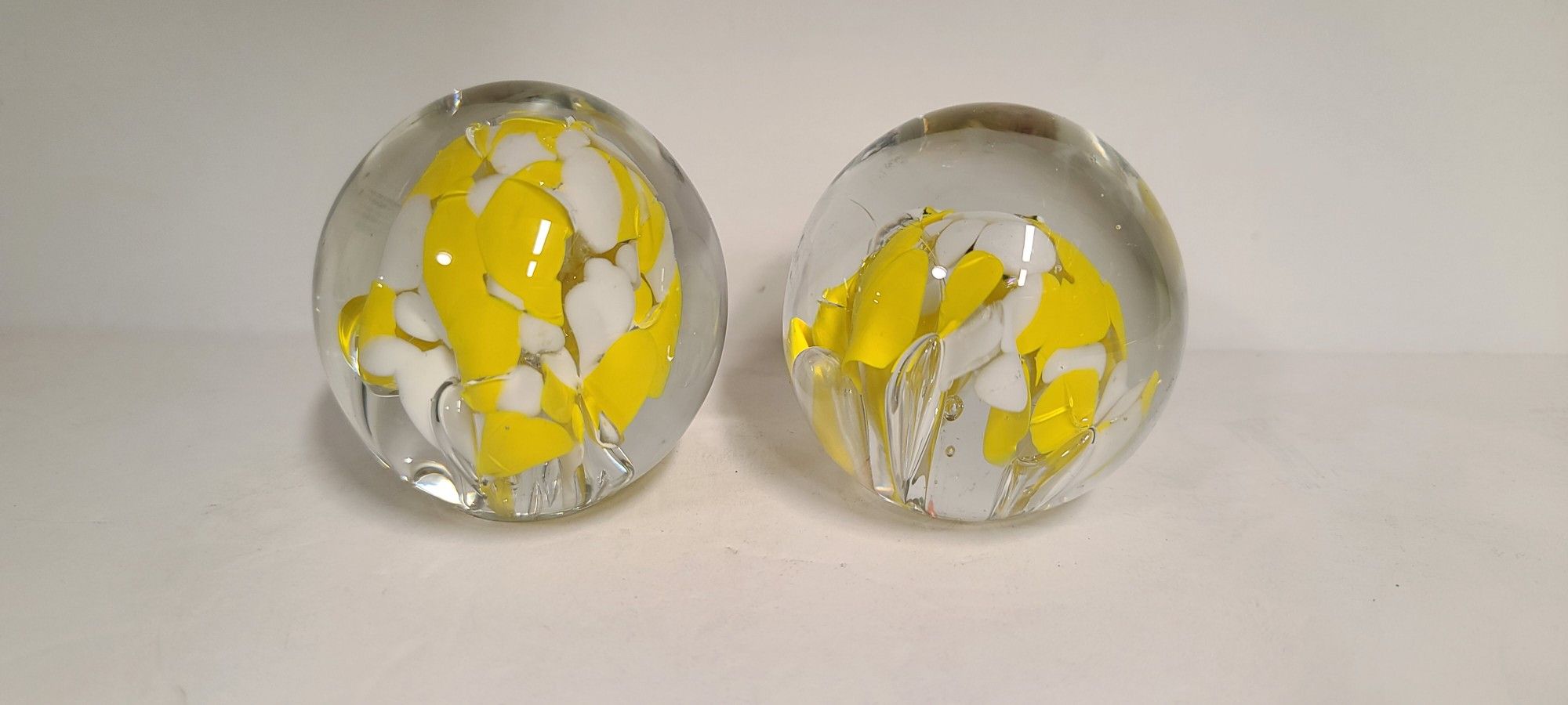 2 Beautiful Vintage Yellow & White Glass Paperweights