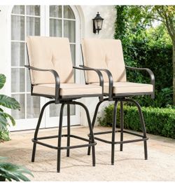 NEW GOOGIC Patio Swivel Bar Stools, Outdoor Bar Height Swivel Chairs Set of 2 with Cushion (BROWN)