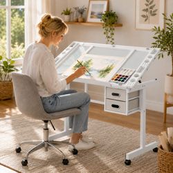 Adjustable Glass Drafting Desk with Drawers and Wheels - White