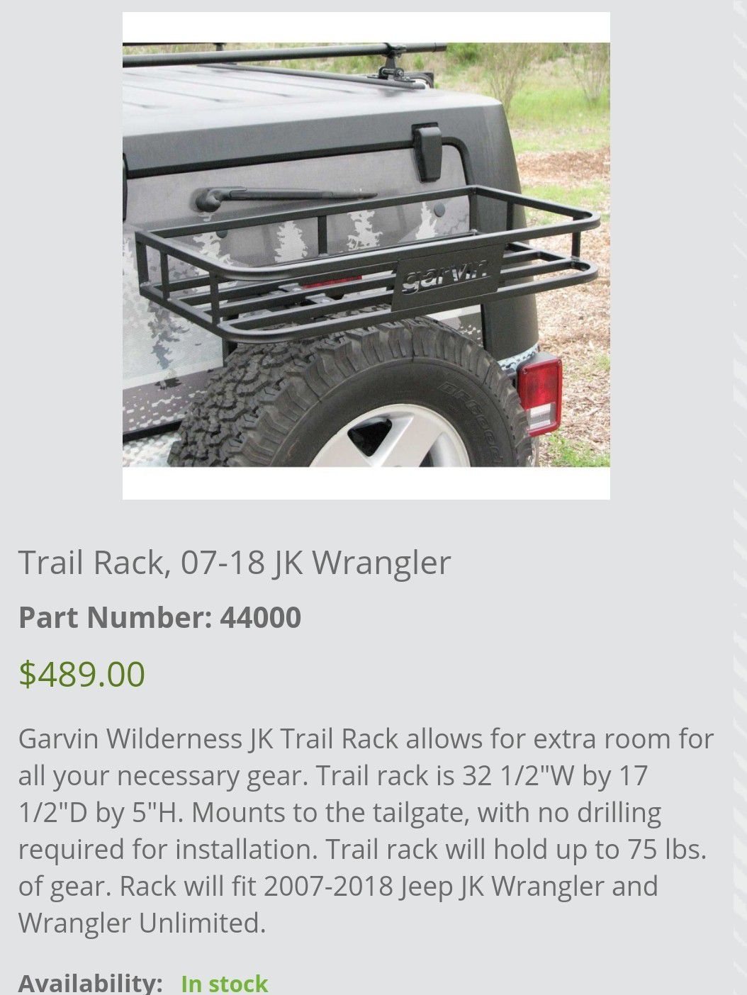 Garvin Jeep Wrangler Trail Rack $180