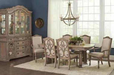 New! Antique Linen & Cream Fabric 7 Piece Formal Dining Set (NO CREDIT CHECK FINANCING AVAILABLE)