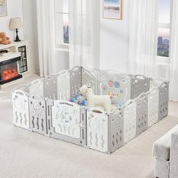 Albott Baby Playpen, Upgraded 18 Panels Foldable Baby Fence with Game Panel and Safety Gate, Adjustable Shape, Portable Baby Play Yards for Children T