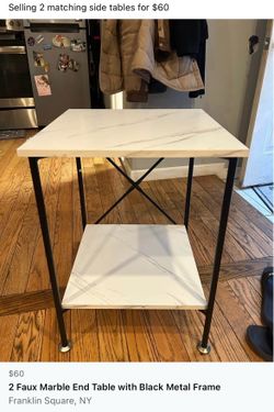 2 Faux Marble End Table with Black Metal Frame