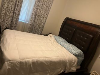 Queen Sleigh Bed Frame – Dark Wood & Tufted Headboard