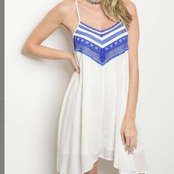 New - Women’s Off White And Royal Blue Spaghetti Strap Dress - L