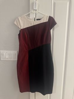 Color block Cap-Sleeve Sheath Dress in Burgundy, Black & Cream