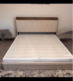 ANCTOR King Size Upholstered Bed Frame with Storage Drawers & Charging Station – Beige