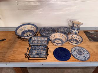 Polish Pottery Blue Floral Ceramic Dish Set