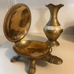 Brass/ Mother Of Pearl- Vase And Turtle