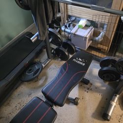 Adjustable BenchPress,  Rack, 45lb Barbell Bar, 225 Lb Total In Plates 