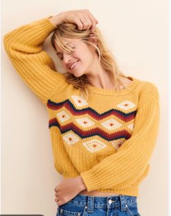 Alpes Hand Made Sweater By Pastiche Mustard Yellow Geometric Design Italian SZ S