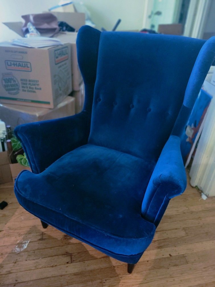 Sapphire Blue Velvet Wingback Chair - IKEA Strandmon
