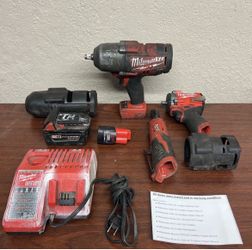 Milwaukee Cordless Impact Ratchet Tool Lot With M12 M18 Batteries & Charger