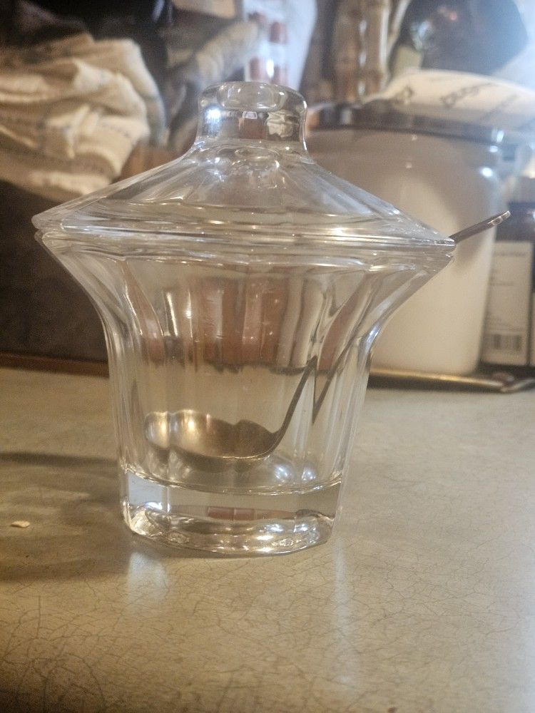 DANSK LEAD CRYSTAL JAM JAR W/ STERLING SPOON