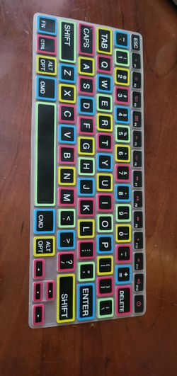silicone keyboard cover for MacBook Pro and Air features a black layout with large, colorful text to enhance visibility
