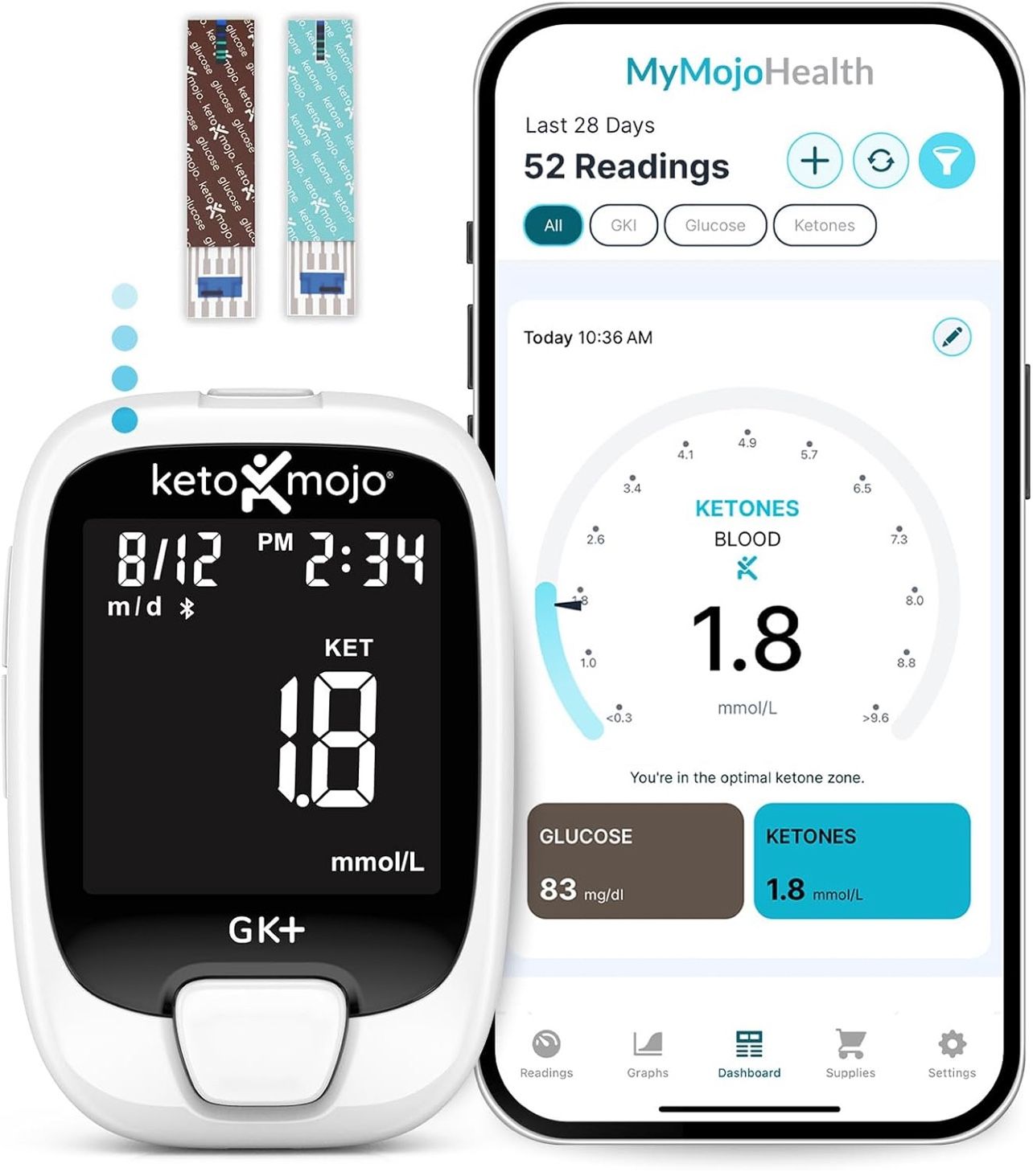 KETO-MOJO GK+ Bluetooth Glucose & Ketone Testing Kit + Free APP for Ketosis & Diabetes Support. 20 Blood Test Strips (10 Each), Meter, 20 Lancets, Lan