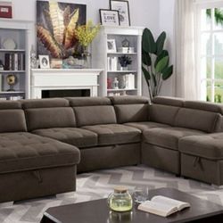 Brand New Light Brown U-Shaped DesignPull-out Sleeper Right Chaise w/Storage Left Chaise w/Storage Sectional Sofa 