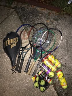 Tennis rackets and balls. Also a racket.—>FCFS