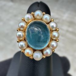 Jewelry 14k solid yellow gold  natural pearl aquamarine stone 2.00CTW heart ring size 5.50