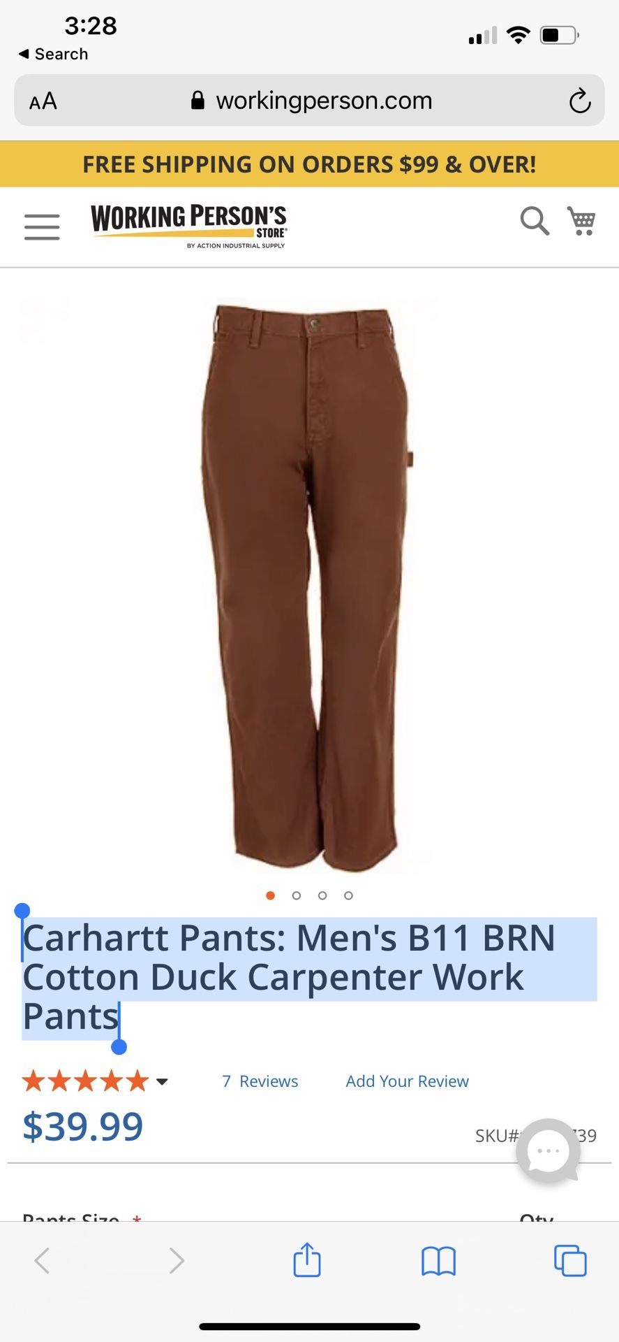 X2 Carhartt Pants: Men's B11 BRN Cotton Duck Carpenter Work Pants