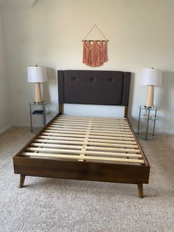 Modern Full size Platform Bed Frame with Upholstered Headboard & Matching Dresser