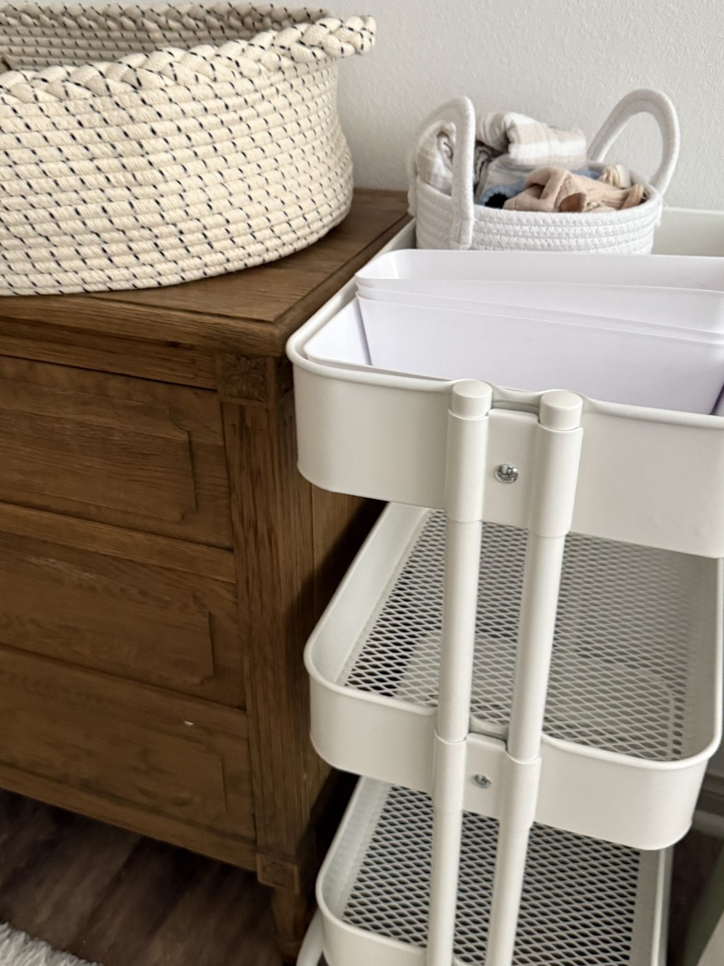 White Metal Utility Cart On Wheels