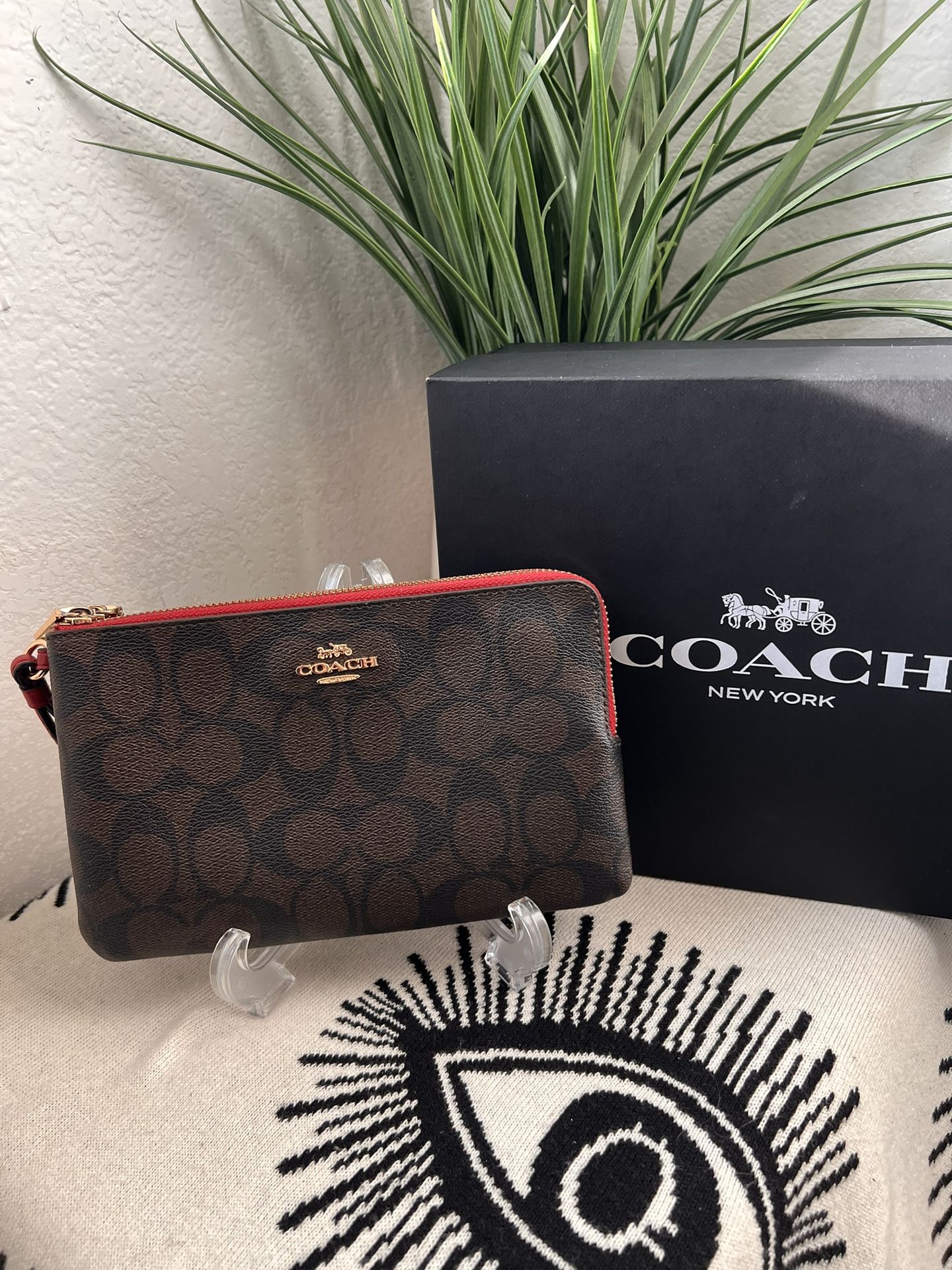COACH Canvas coated Signature PVC Double Zip Wallet/Wristlet