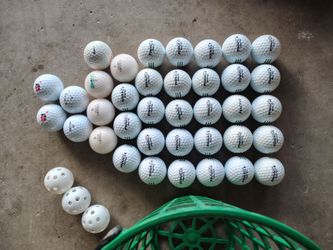 Golf ball basket and 40 golf balls pinnacle practice, Nike, Volvic crystal, Callaway, ws 52, precept, training golf ball