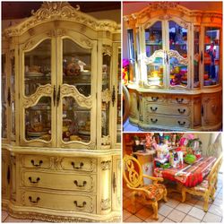 FOR SALE FRENCH ITALIAN STULE TABLE SET AND CHINA HUTCH BUFFET)"