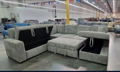 ✅️✅️4 pc Grey  corduroy fabric sectional sofa with storage chaise and love seat and pop up sleep area in center USB charging✅️✅️