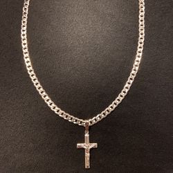 Solid Silver Chain Cuban Link 20in 4mm And Silver Cross Pendant Set 