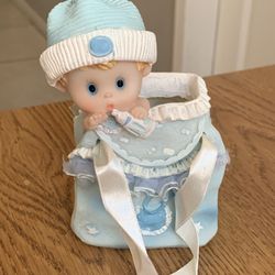 Vintage 26CB. Resin Baby Boy in Bag Cake Topper Figure 5.5" Tall Blue Eyes  