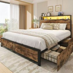 ❤️‍🔥 King-Size Bed Frame with 2-Tier Storage Headboard, USB Port, and LED Light — 4 Storage Drawers, Brown — $180
