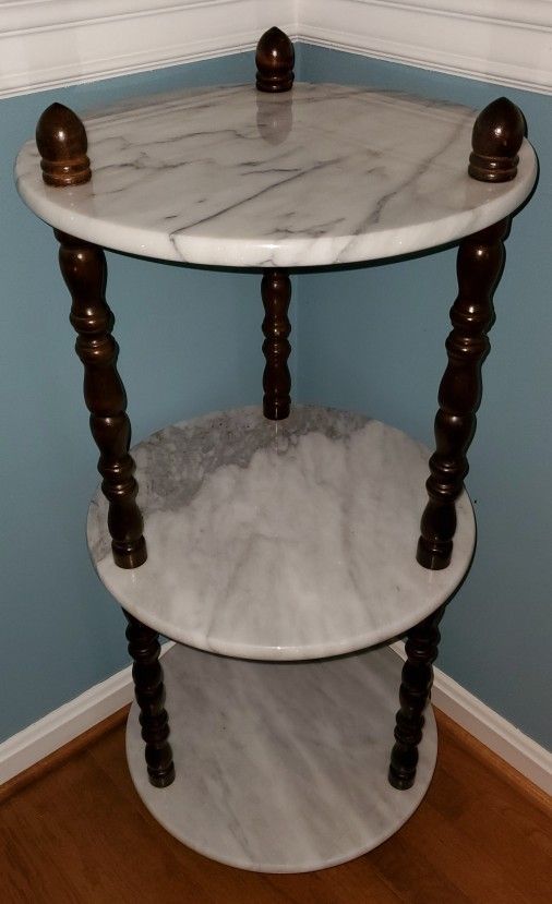 Vintage 3 Tiered Dark Wood Marble Plant Stand 34" Tall 16" Shelves Nice!!!