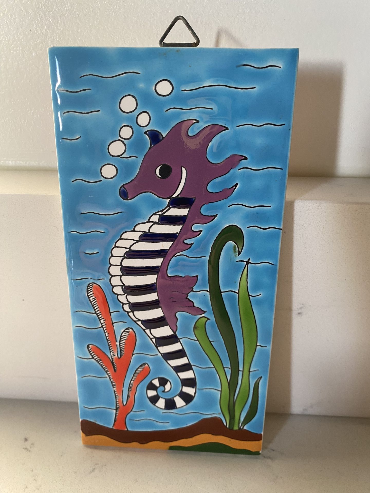 Vintage Seahorse Ceramic Tile, Hand-Painted Greek Wall Decor
