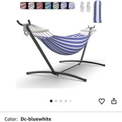 Double Hammock with Heavy-Duty Steel Stand,Portable,Easy Assembly,600lbs Weight Capacity,Perfect for Indoor,Yard,Camping,or Outdoor-BlueWhite