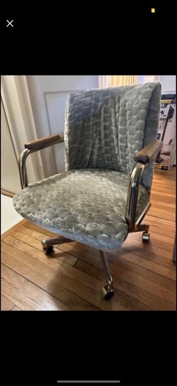 Vintage Reupholstered Gold and Wood Rolling Desk Chair