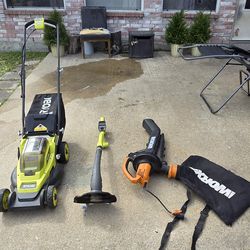 Ryobi Battery Powered Lawn Mower, Ryobi Battery Powered Edge Trimmer, Worxs Cord Powered Leaf Blower/Mulcher
