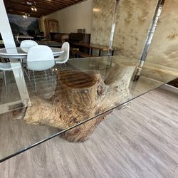 Unique Glasstop Dining Table With Trunk Base
