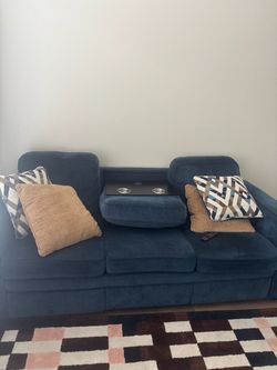 Blue Fabric Sofa with Center Console and Storage