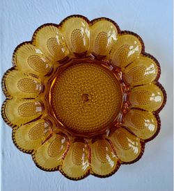 Amber Pressed Glass Hobnail Round Deviled Egg Platter