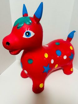 Bouncing Mega-Fun Donkey Hopper Ride On Toy Inflatable Red w/multi-colored polka