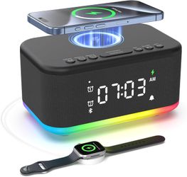 Wireless Charging Alarm Clock Bedroom, Digital Alarm Clocks Bedrooms Bluetooth, Loud Bluetooth Speaker Alarm Clock Night Light Dual Alarm Snooze 12/24