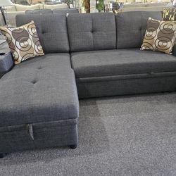 Brand New 84" x 60" Charcoal Linen Reversible Sofa Bed With Storage Chaise