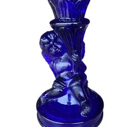 Vintage Cobalt Blue Cupid Boy Candlestick, Partially Frosted