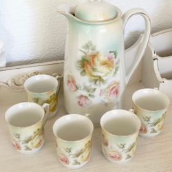 Antique Floral Roses Set - Chocolate Pot and Demi cups
