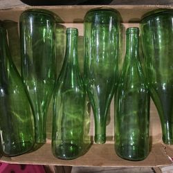 6 Vintage Green Glass bottles
