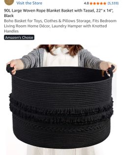90L Large Woven Rope Blanket Basket with Tassel, 22" x 14", Black $20