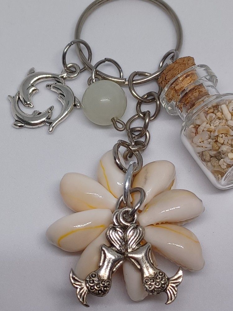 Mermaid Shell Keychain, Dolphin Charm, Seaglass Bead